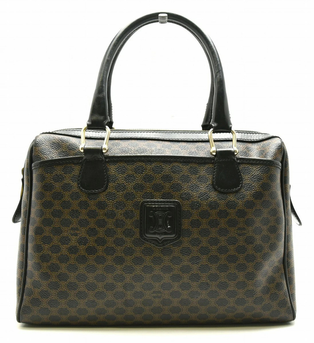 Celine Macadam Handbag Boston Bag Leather Dark Brown Black